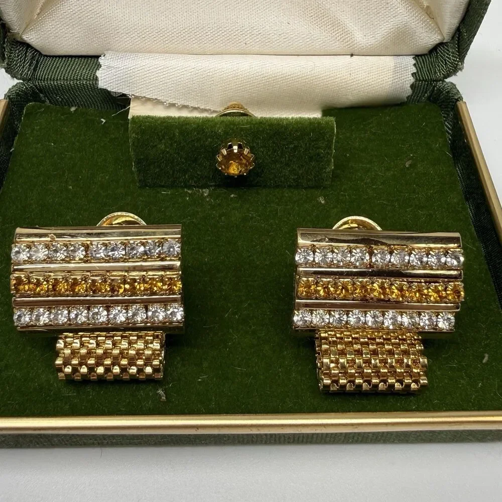 Vintage Executive Gold Tone Rhinestone Cuff Links & Tie Tack Matching Set New